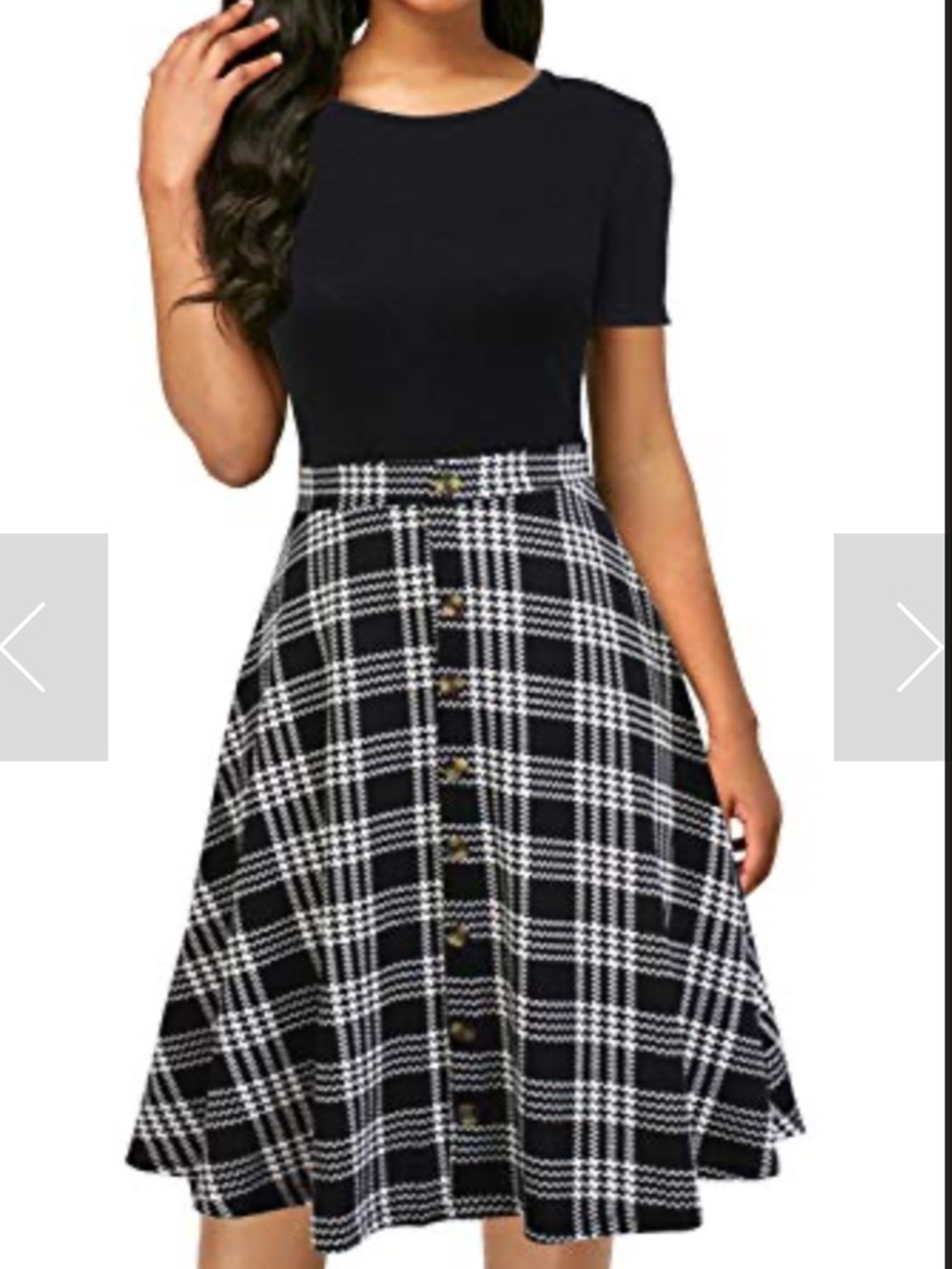 Black & White Plaid A-Line Midi Dress with Front Faux Buttons - Women's Size M